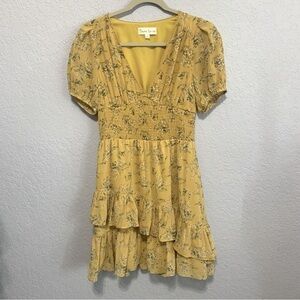 Stump & Co Mustard Yellow Floral V-Neck Smocked Elastic Short Sleeve Mini Dress